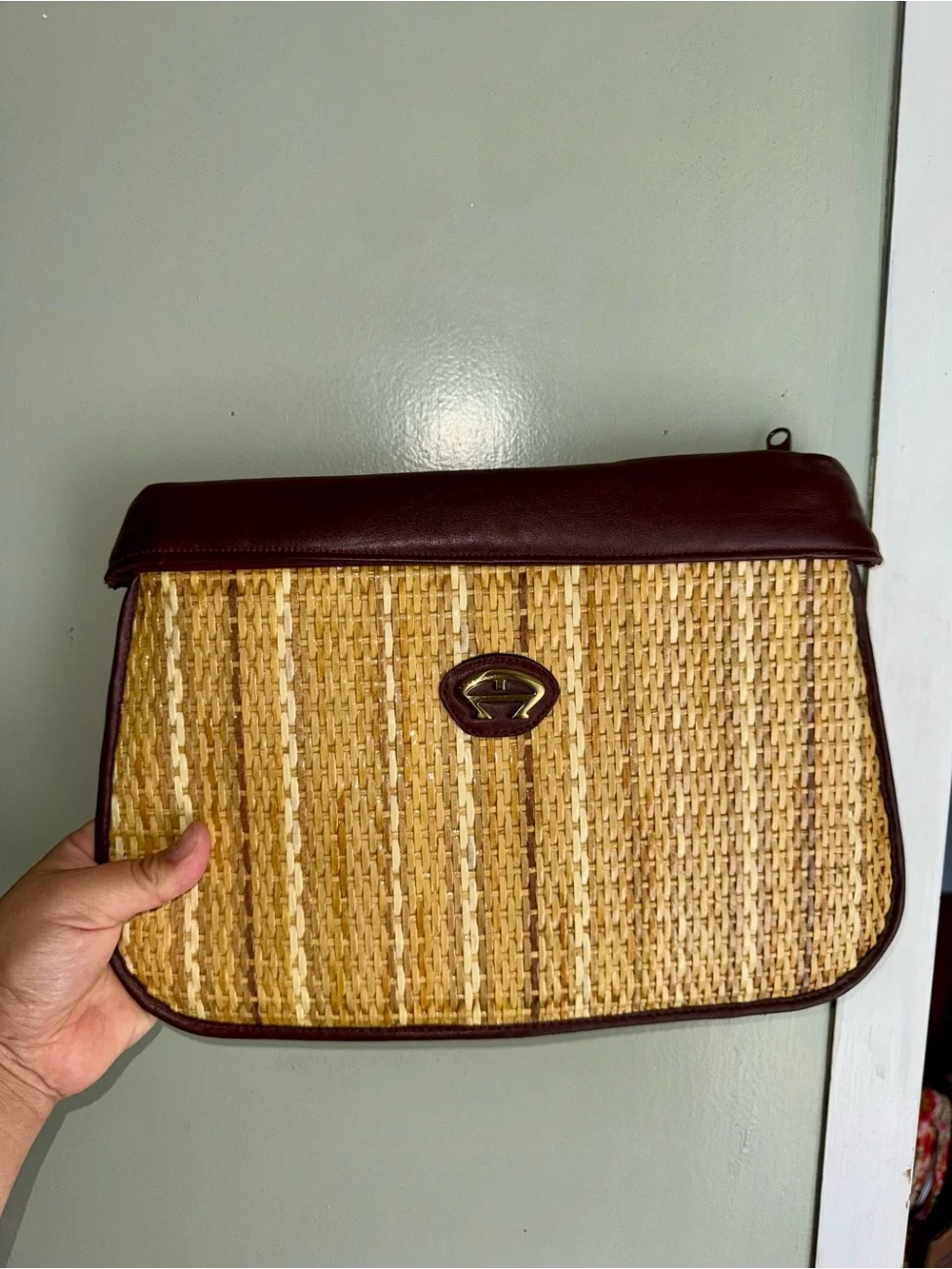 Etienne Aigner Straw Woven Clutch with Brown Trim